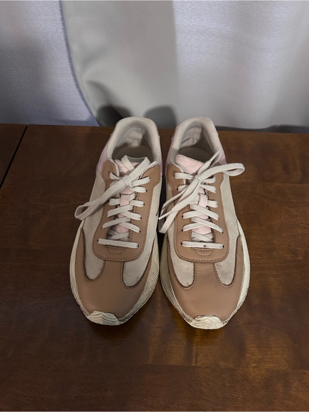 Neutral Pink and Beige Retro Runner Sneakers
